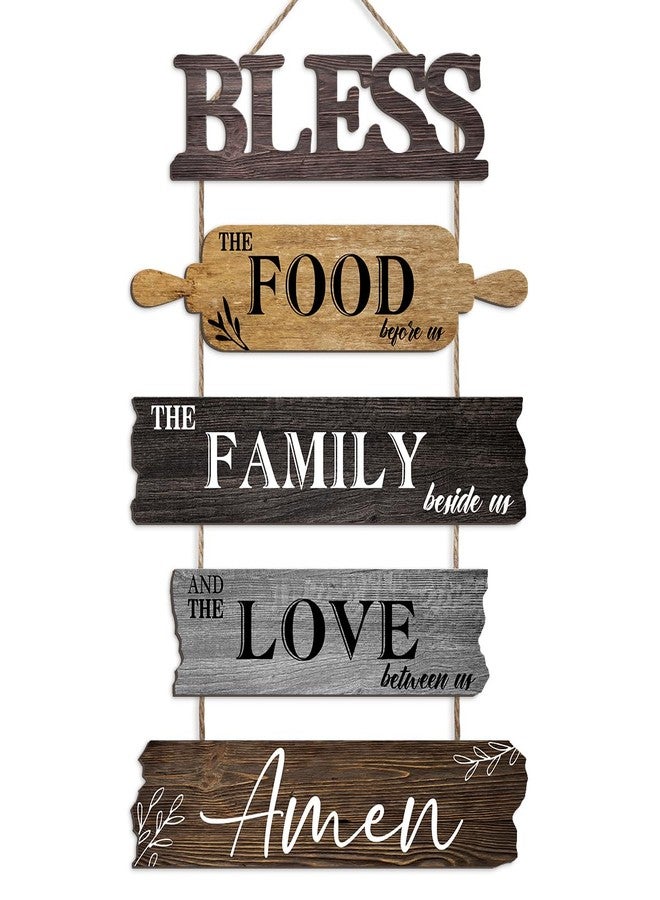 Pigort Kitchen Wall Decor Bless the Food Before Us Dining Room Wall Decor - Farmhouse Wall Art For Kitchen Dining Room- Wooden Rustic 5pcs Roped Sign 12x18 Inches(Brown) - Image 1